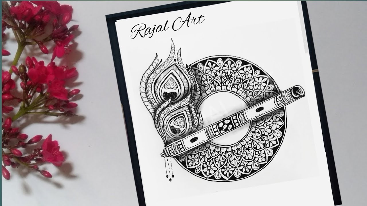 How to draw mandala art for beginners | flute mandala art | peacock feathers mandala art | drawing