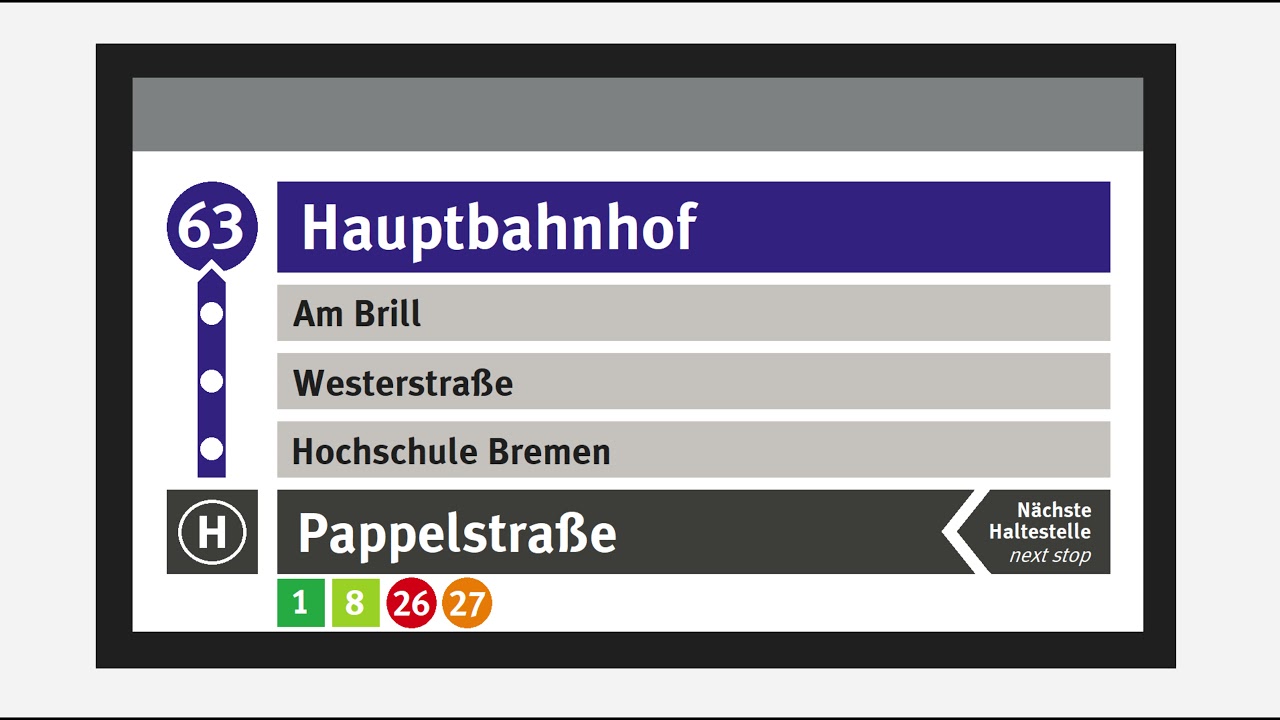 BSAG Haltestellenansagen | Linie 63 | Ri. GVZ - Hauptbahnhof | Herbst 2021