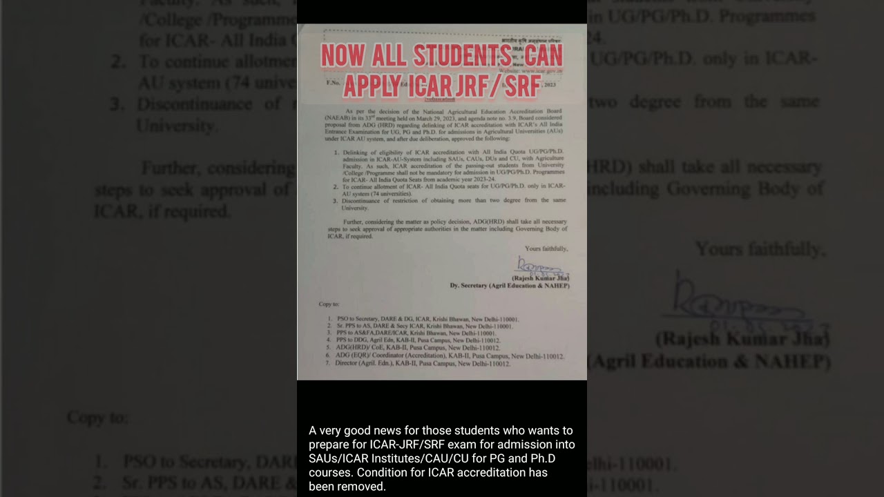 Now all non-accreditation institute students can apply icar jrf/srf #agriculture #trending #shorts