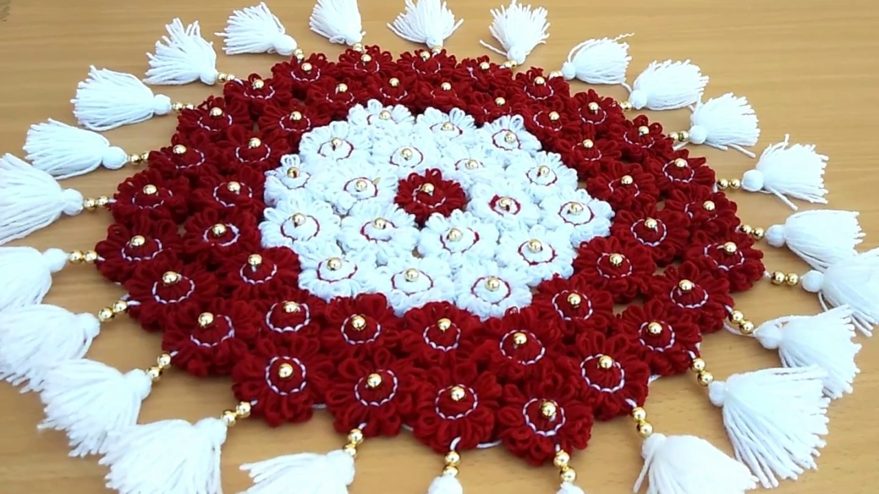 DIY - AWESOME TABLE MATE FROM WOOLEN || HOW TO MAKE  THALPOS MAT FROM WOOLEN FLOWERS