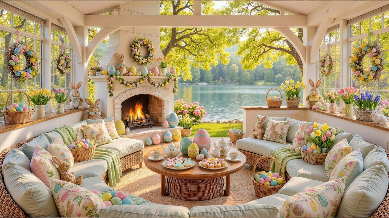 Cozy Easter Ambience with Calming Piano Music, Cute Bunny & Fireplace 🌸🐰 Cozy Spring Ambience