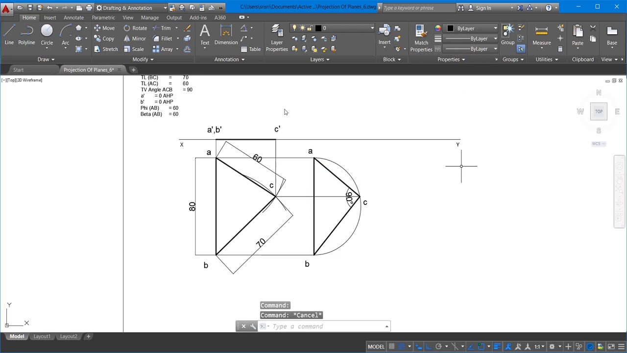 AutoCAD Planes 1 (Projection oof Planes, Triangle, Top view Right angle Tringle)