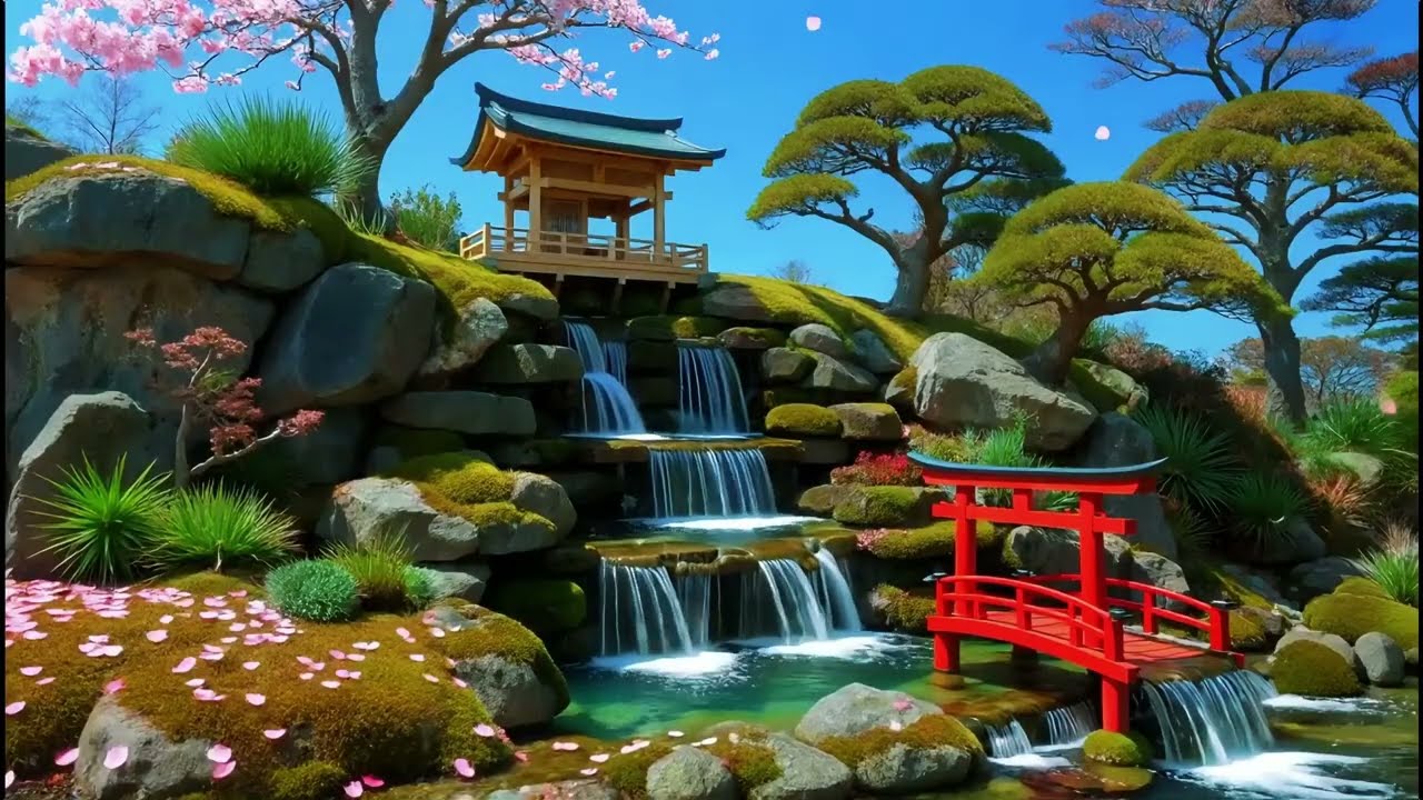 🌸 Tranquil Japanese Waterfall Shrine 🏯 Relaxing Sakura Garden & Flowing Water Ambience