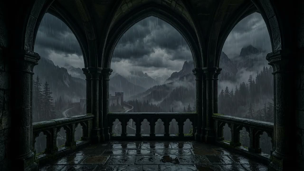 Dark Rain 🌧️ Surrounding A Gothic Castle While Ancient Stone Towers 🏰 Rise Through Cold Mist