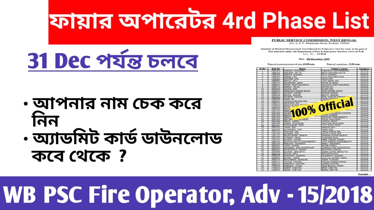 PSC Fire Operator 4rd Phase List | WB PSC Fire Operator, Physical Test Adv-15/2018 | Education Notes