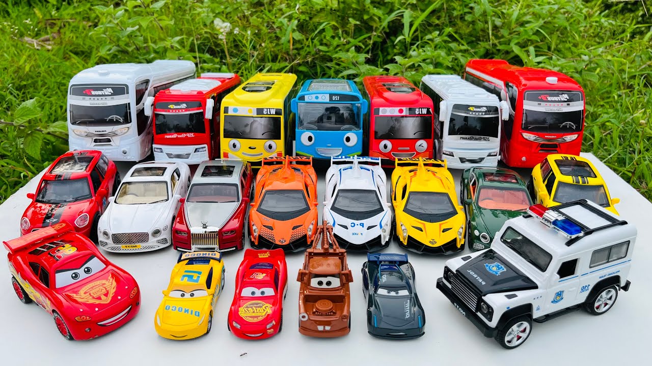 Unboxing toy cars trucks, Tayo, Police cars, Lightning McQueen, Doc Hudson, Sally Carrera, Crus #655