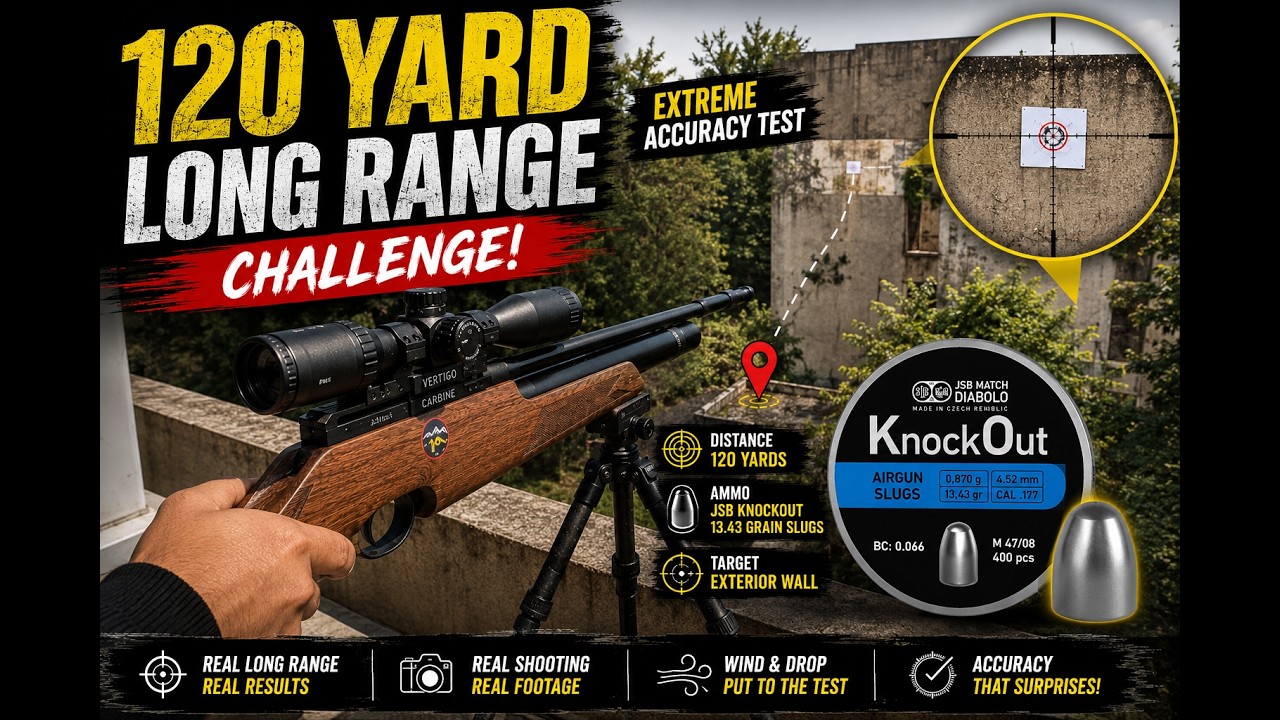 120 Yard Long Range Airgun Challenge | Vertigo Carbine + JSB KnockOut Slugs