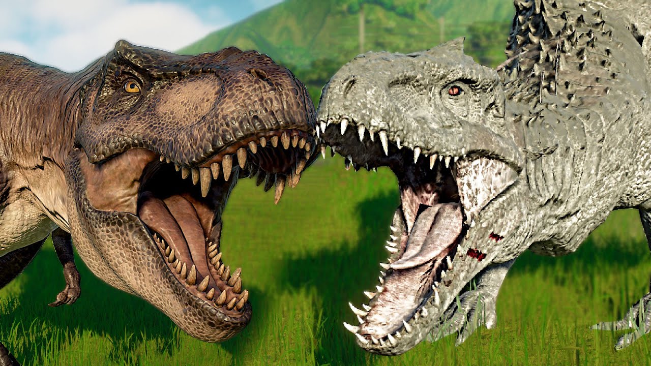 INDOMINUS REX vs TYRANOZAUR REX vs VELOCIRAPTOR - JURASSIC WORLD EVOLUTION 2