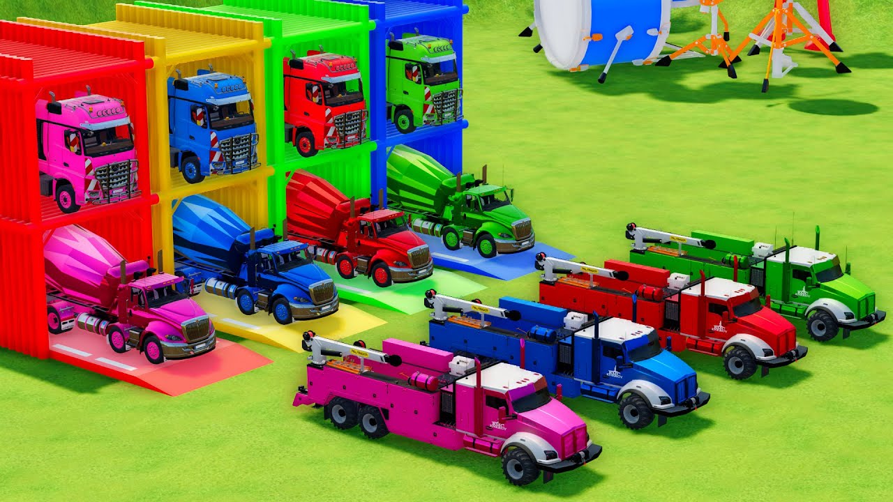 Garage with Colors - ALL MIXER TRUCK WITH DOUBLE FLATBED TRAILER TRUCK, MERCEDES, SCANIA, KENWORTH