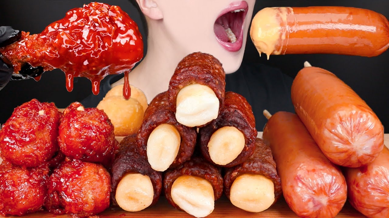 ASMR SAUSAGE SPICY FRIED CHICKEN BBQ MUKBANG 소세지 치즈볼 양념 치킨 먹방 チーズ ソーセージ チキン 咀嚼音 モッパン EATING SOUNDS