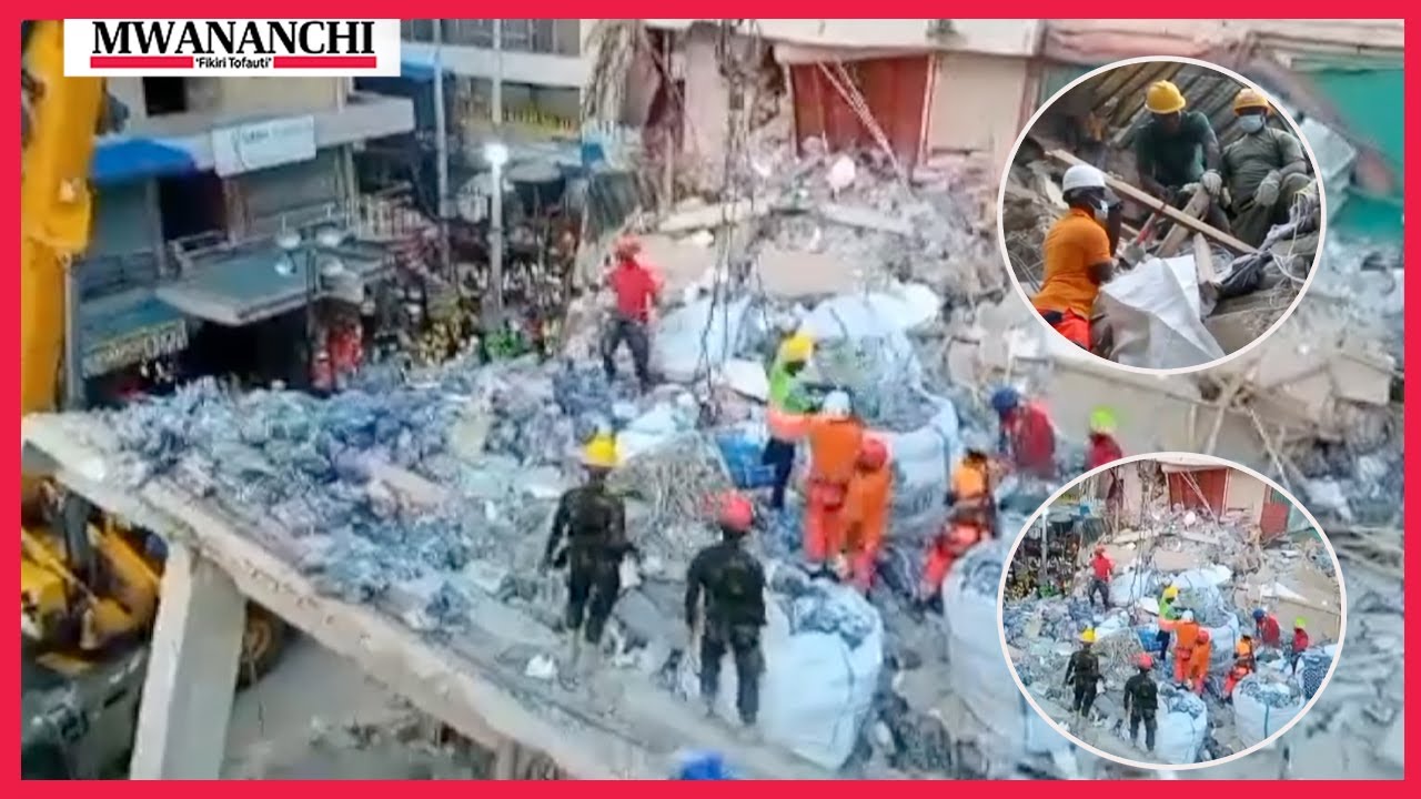 SIKU YA SITA KARIAKOO AJALI YA GHOROFA SHUHUDIA MIZIGO IKIWA INATOLEWA KWENYE MAPOROMOKO