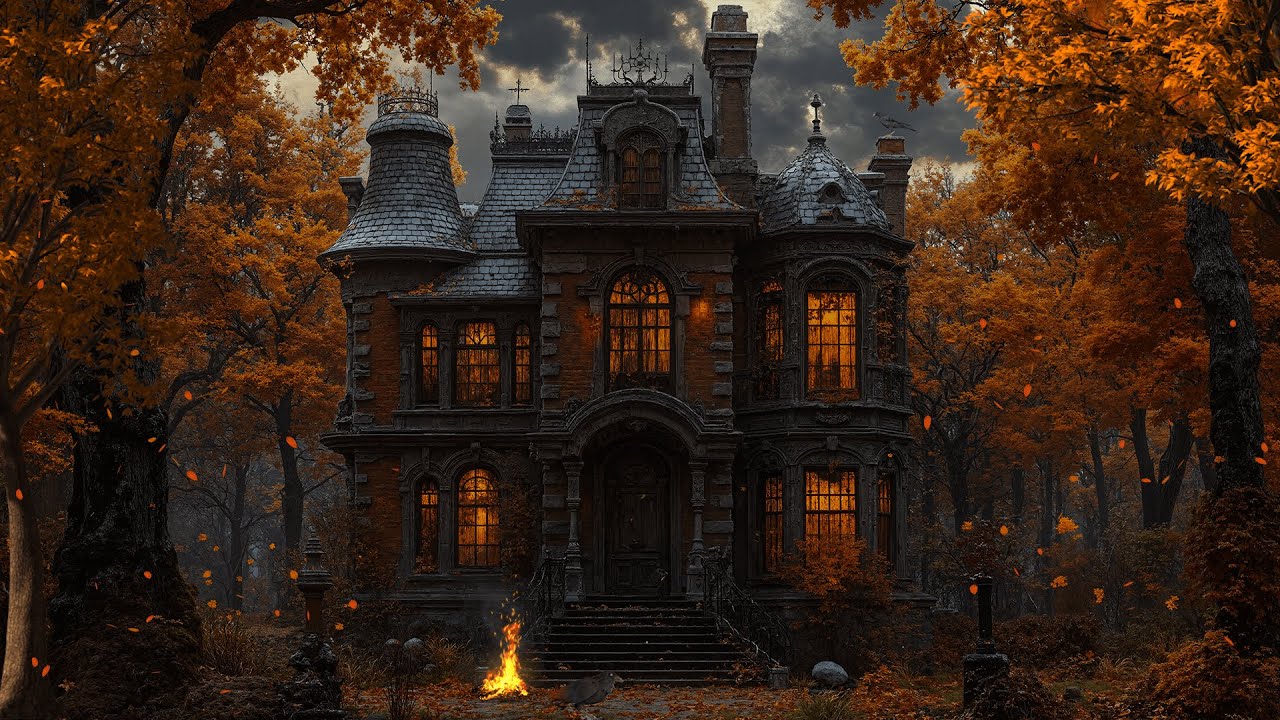 Cozy Autumn Haunted House Halloween Ambience with Relaxing Campfire, Falling Leaves for Sleep