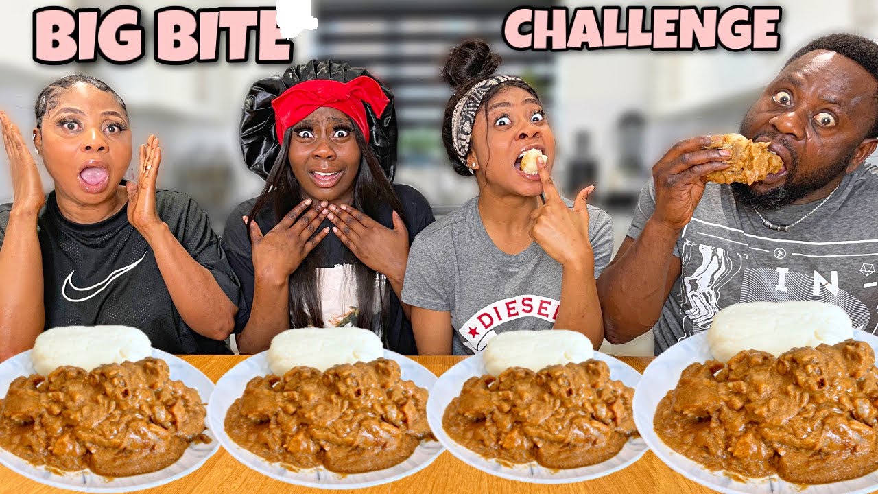PEANUT SOUP & FUFU WITH ASSORTED MEAT (BIG BITE CHALLENGE) *fufu got stuck in our….*