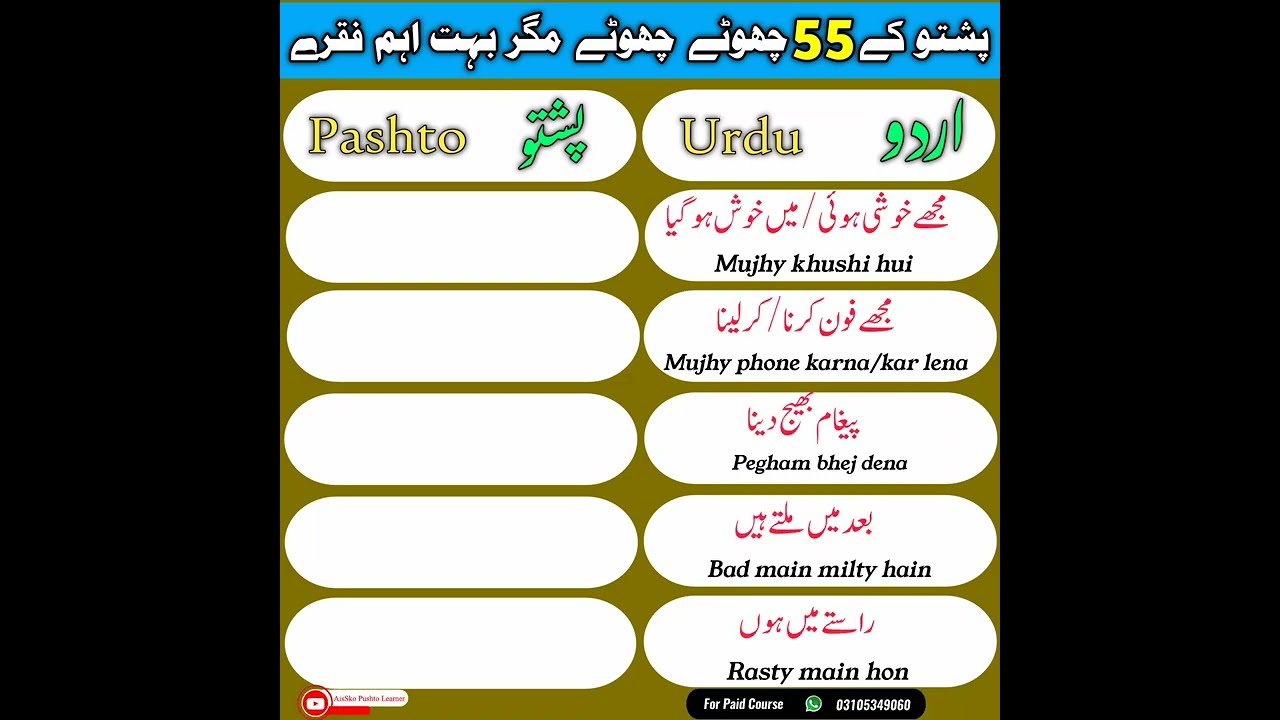 Top 55  Pashto Sentences | Daily Routine New 55 Sentences in Pashto Urdu | Learn Pashto in to urdu