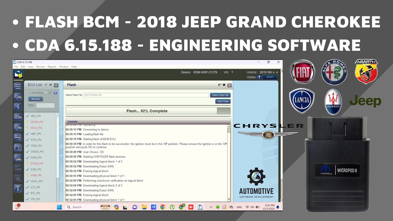 FLASH BCM | 2018 JEEP GRAND CHEROKEE | CDA 6.15.188 SOFTWARE | ENGINEERING SOFTWARE
