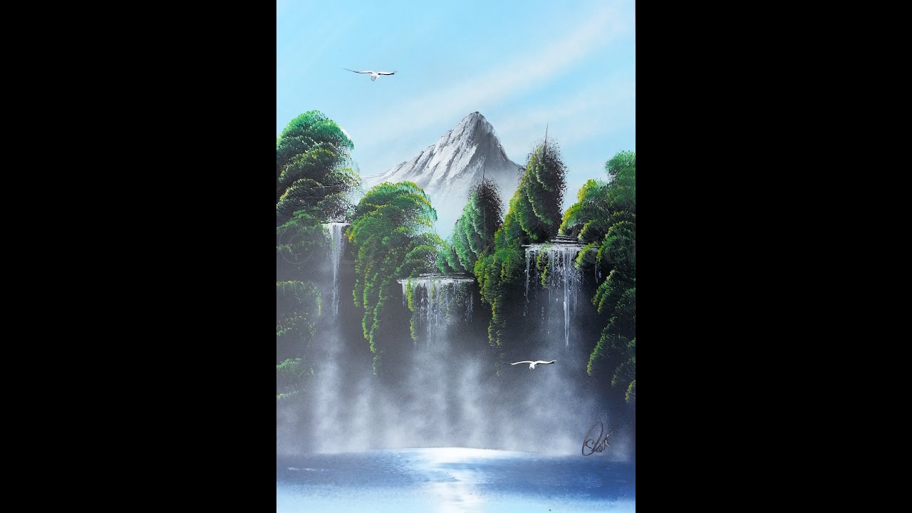spray paint art - Mountain, trees and waterfall -made by street artist