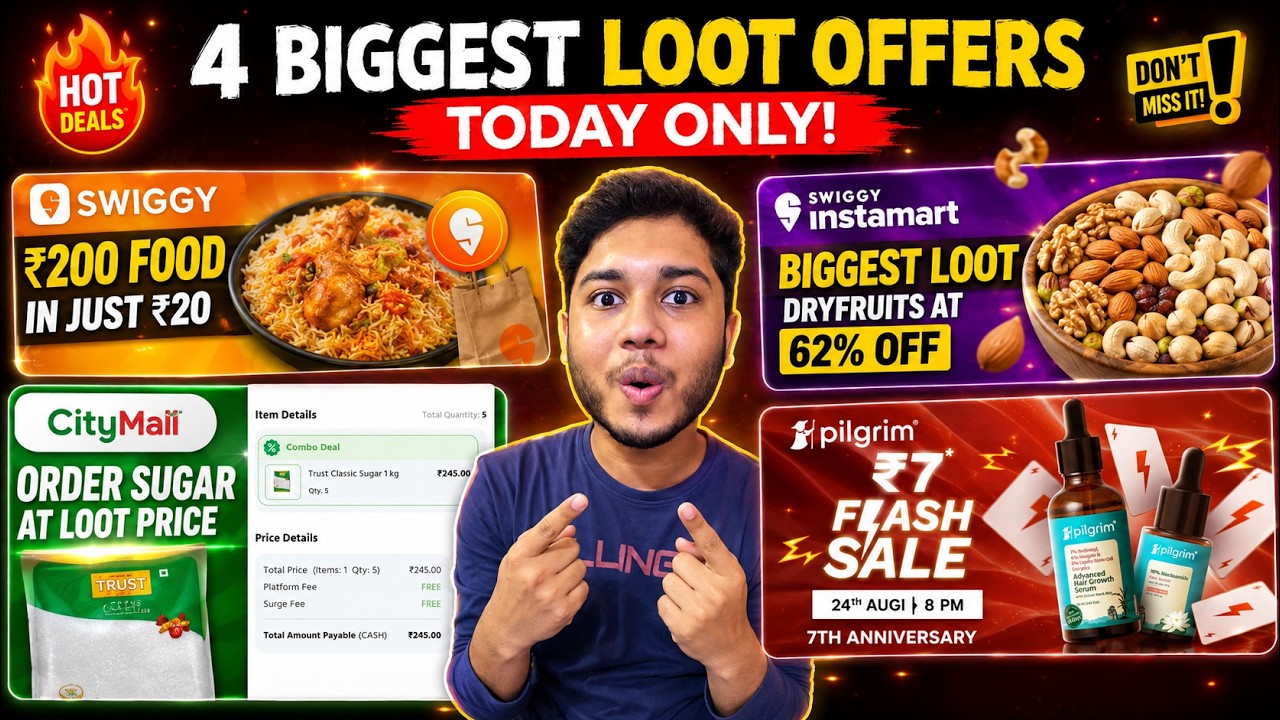 🔥 4 BIGGEST LOOT TODAY | Swiggy ₹20 Food, Instamart 62% OFF, CityMall Sugar Loot & Pilgrim ₹7 Sale
