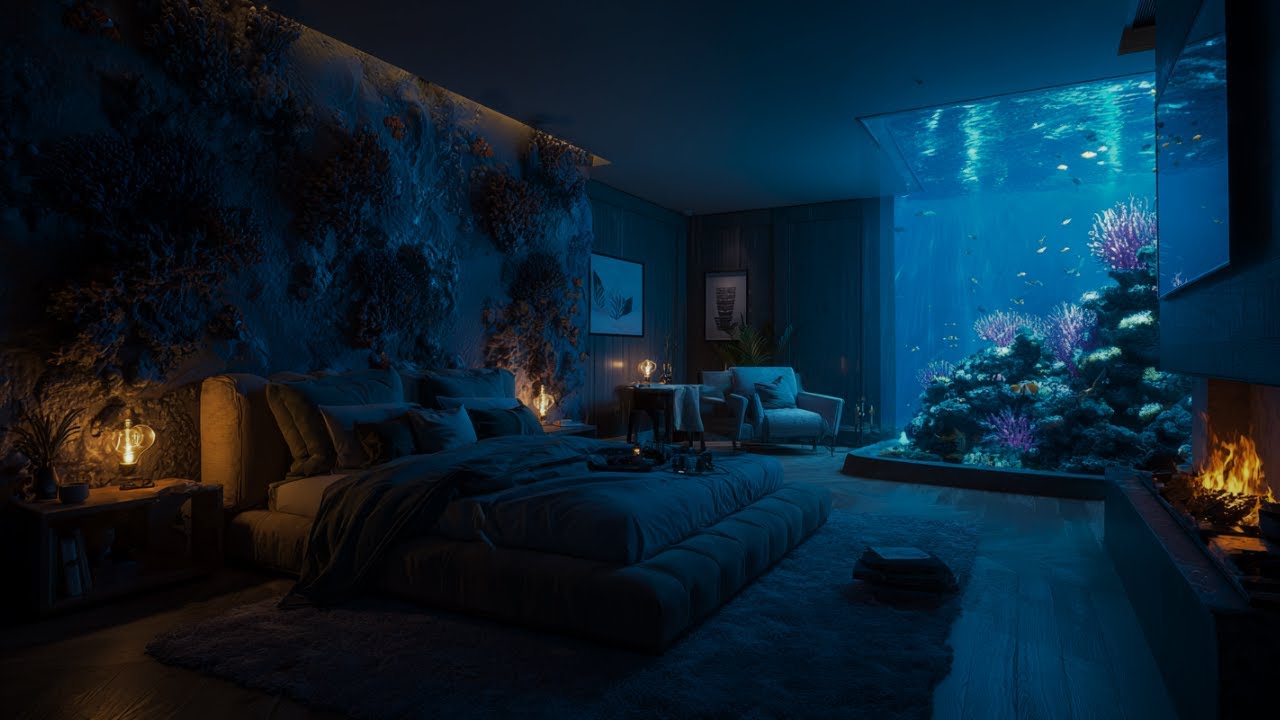 Deep Sleep Hideaway: Underwater Sounds and Fire in a Peaceful Ocean Room