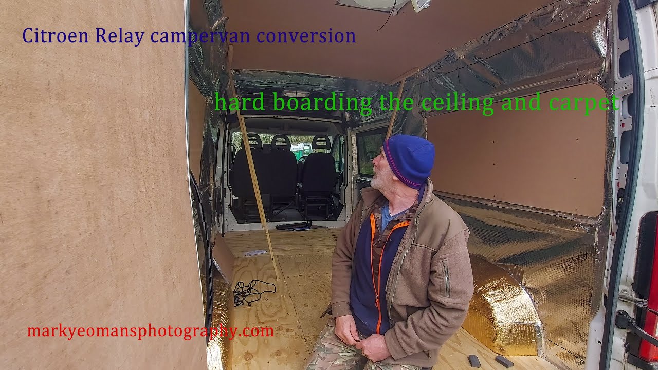 installing the hardboard ceiling and carpet in my Citroen Relay H2 L3 camper conversion