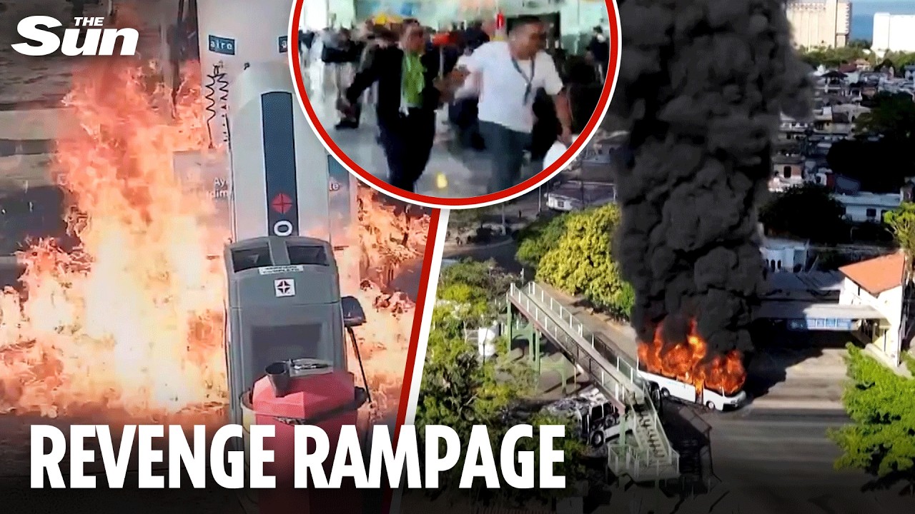 Terrifying moment machine gun cartel BURN DOWN busy gas station in revenge for El Mencho death