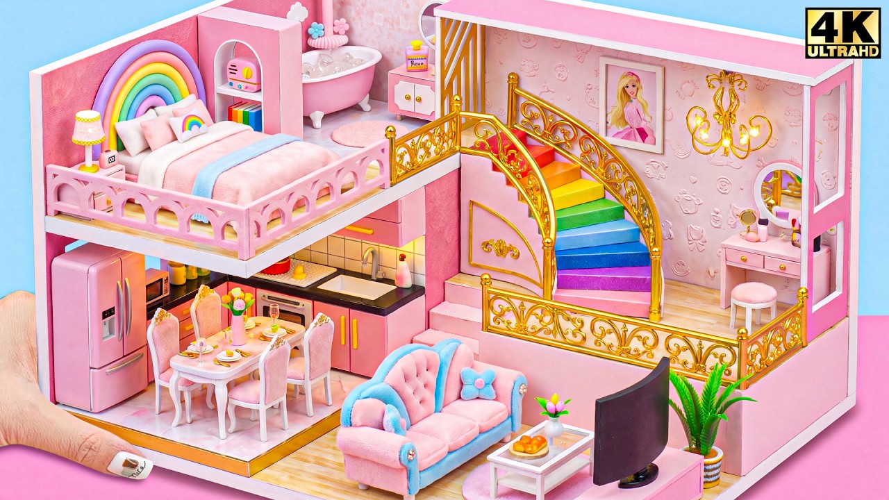 Make Sweet Pink Miniature House with Glitter Rainbow Stairs and Cozy Rooms ❤️ | DIY Miniature House