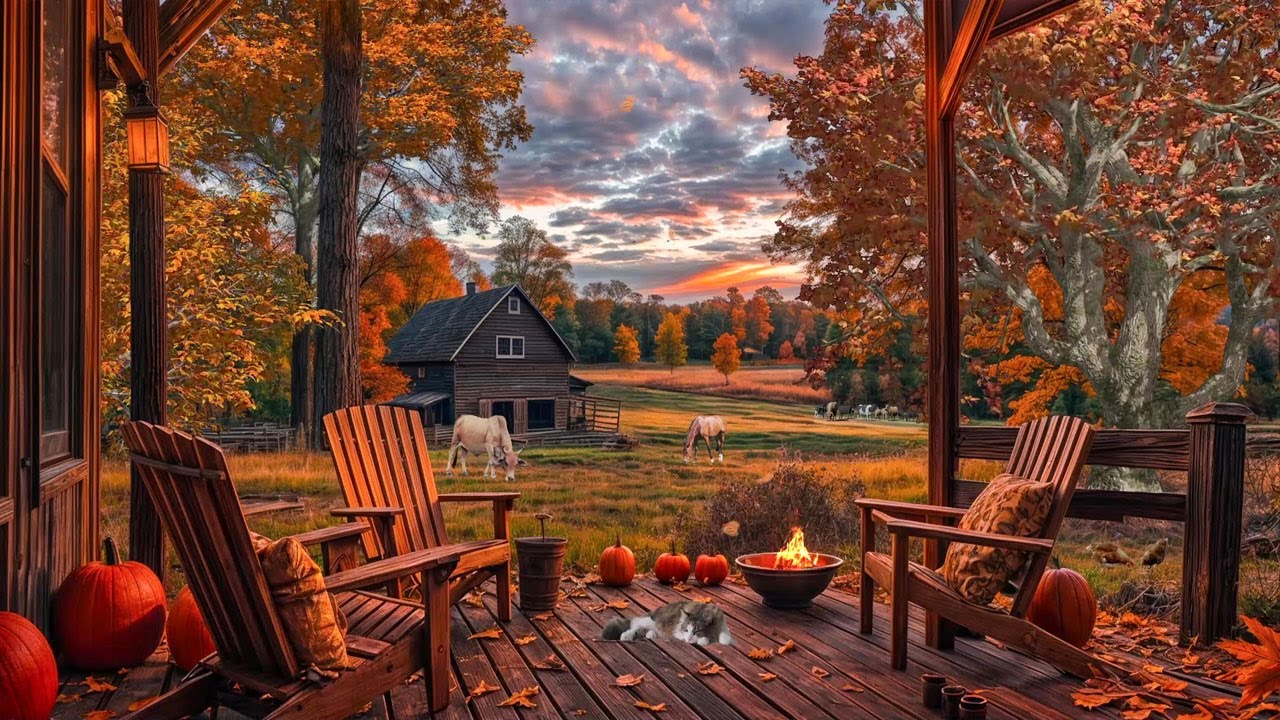 🍂 Peaceful Autumn Farm Porch with Horses & Fire Pit | Cozy Fall Ambience for Relaxation 🐴🔥