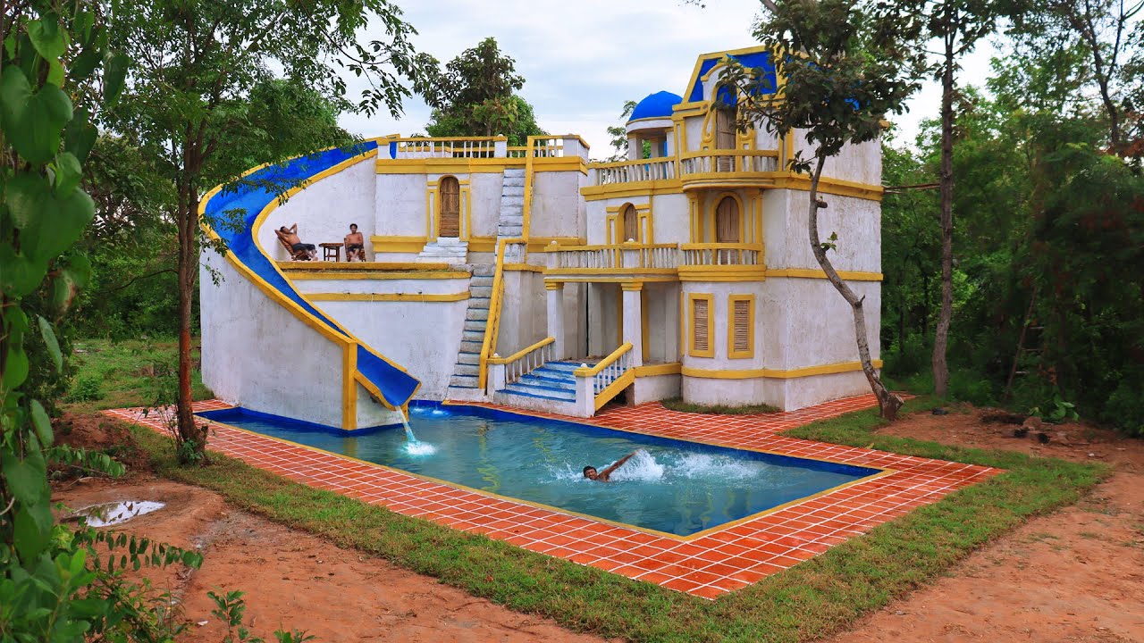 Build Creative Water Slide Park To Swimming Pool & Modern 4-Story Villa House Design In Forest