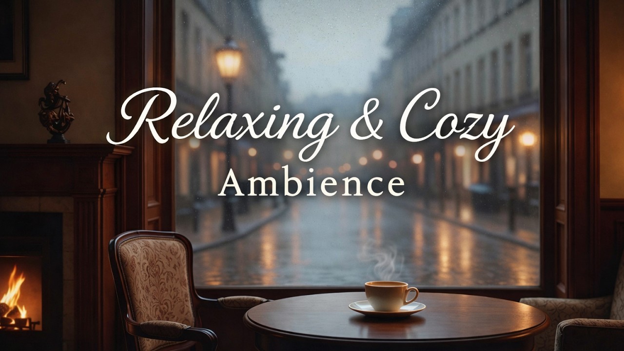 Relaxing & Cozy Café Ambience | Rainy Street View, Fireplace & Calm Music