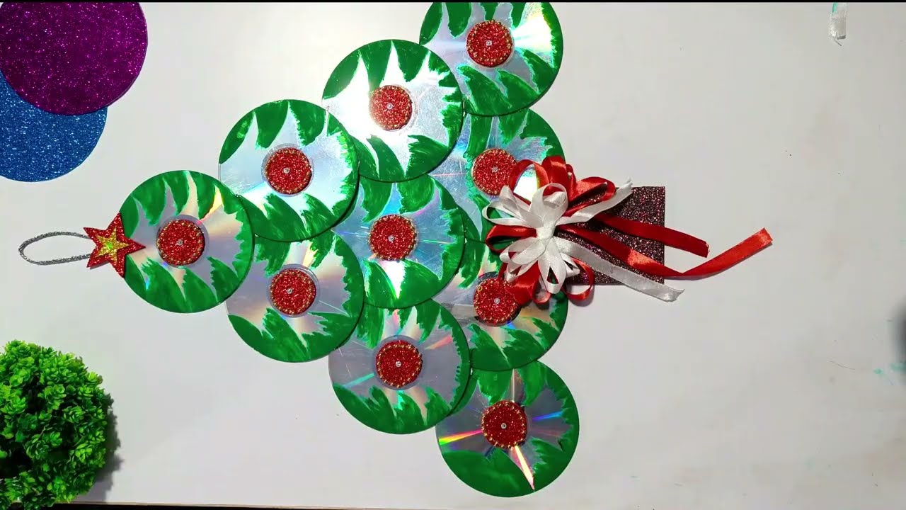 DIY Christmas Craft Ideas Using Waste CD | How to Make a Christmas Tree Door Decoration