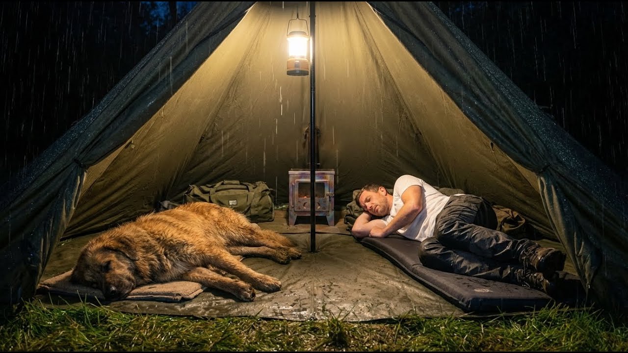 Solo Camping in Heavy Rain Storm | Hot Tent Camping with My Dog All Night