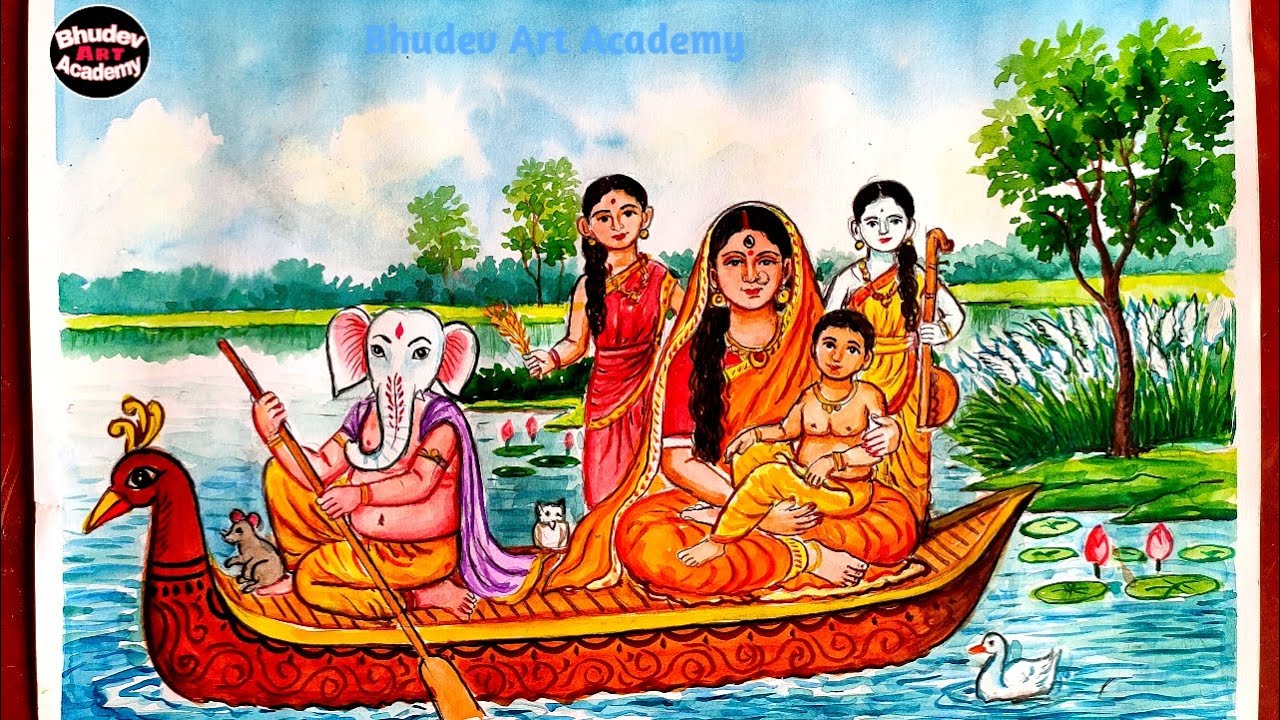 Durga Puja Drawing|Maa Durga Drawing|Durga Puja Scenery Drawing With Watercolor Step By Step