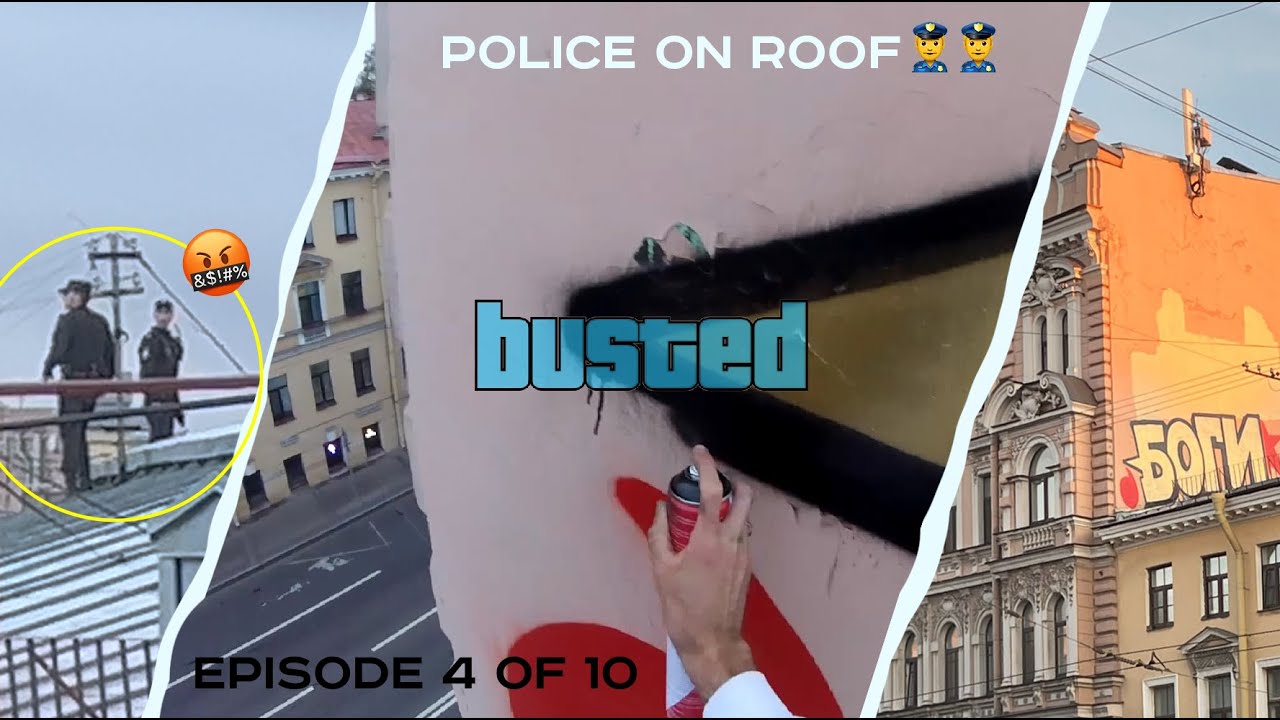 Graffiti bombing on rooftop in Saint Petersburg / Police on spot