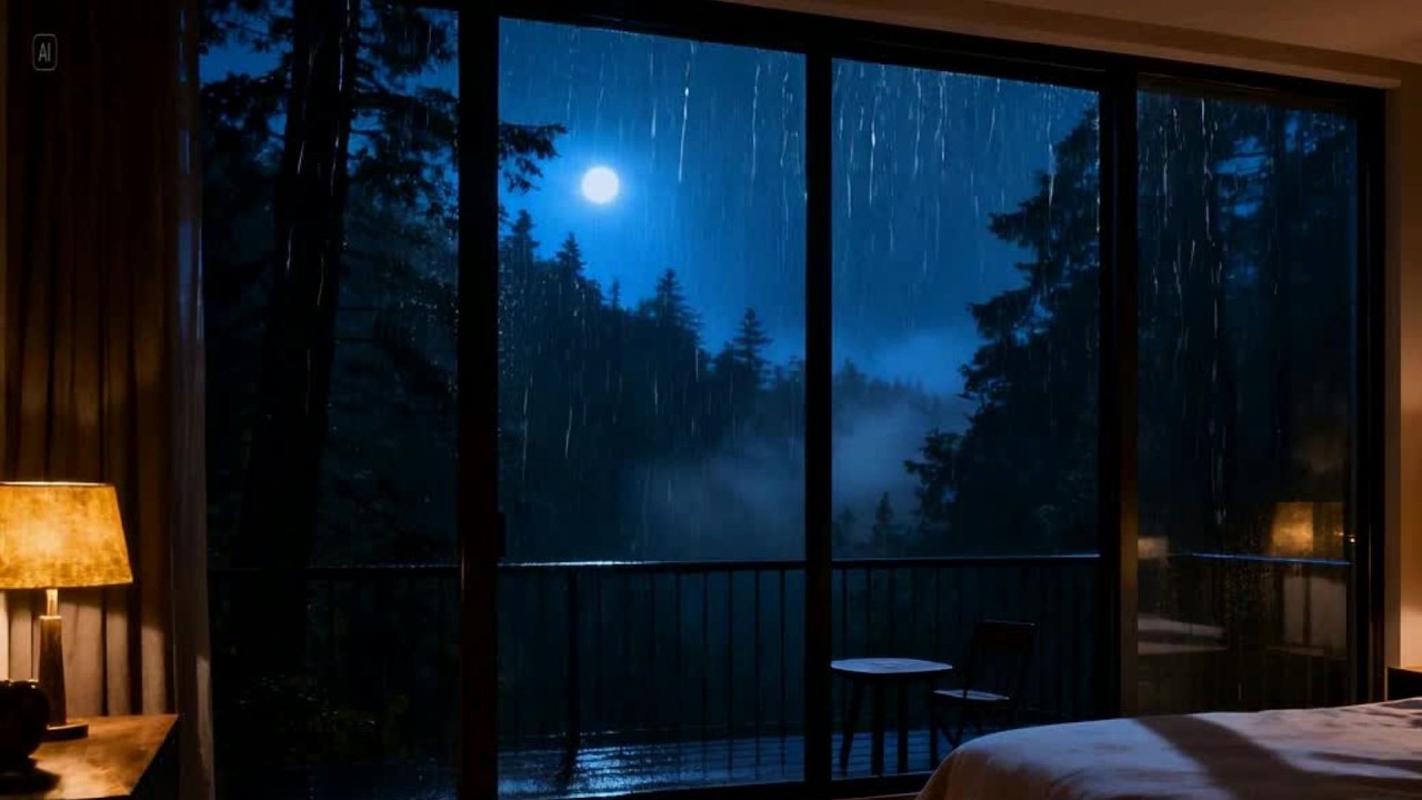 Healing Piano Music & Heavy Rain Night on Window For Deep Sleep, Rest, Meditation, Focus & Study