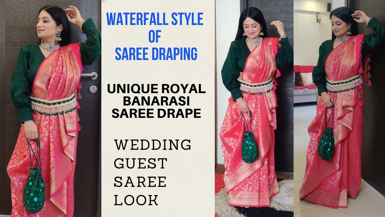 Waterfall style of saree draping/waterfall pleating style/waterfall saree draping/wedding guest look