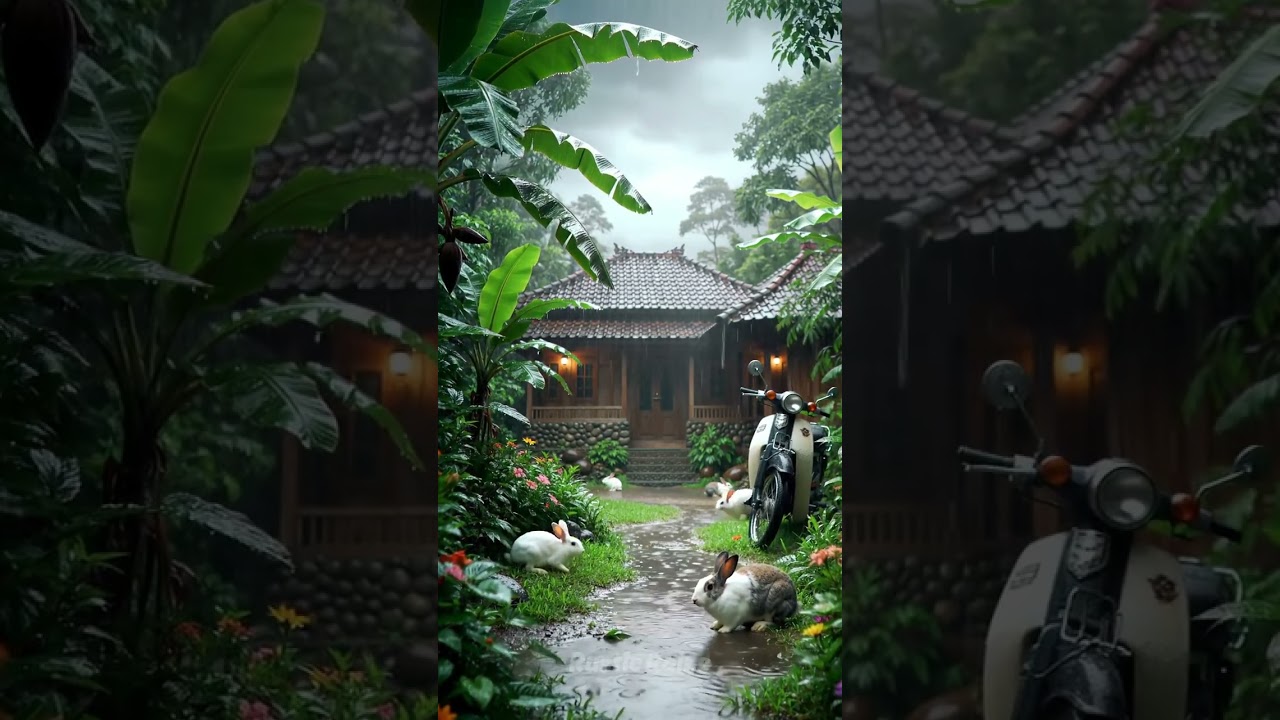 Rain in a residential area with rabbits happily playing #naturefocus #rain #healingnature #relax