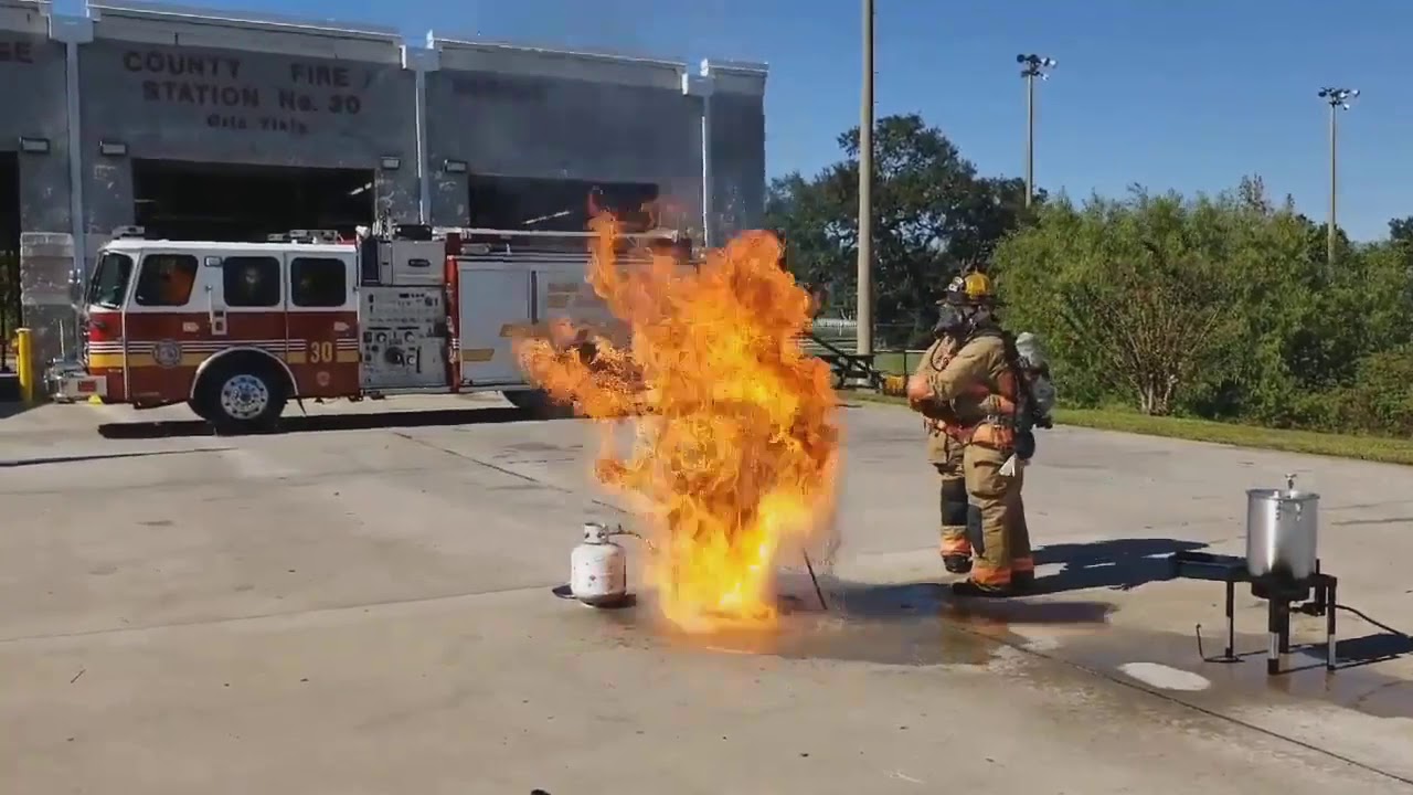 Orange County firefighters demonstrate the fiery outcome of adding a frozen turkey to a deep fryer