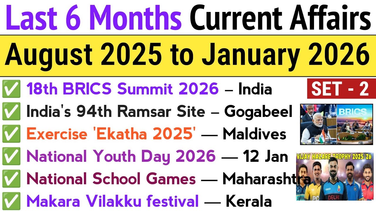 Last 6 Months Current Affairs 2025-26 | August to January 2026 Current Affairs | Current Affair 2026