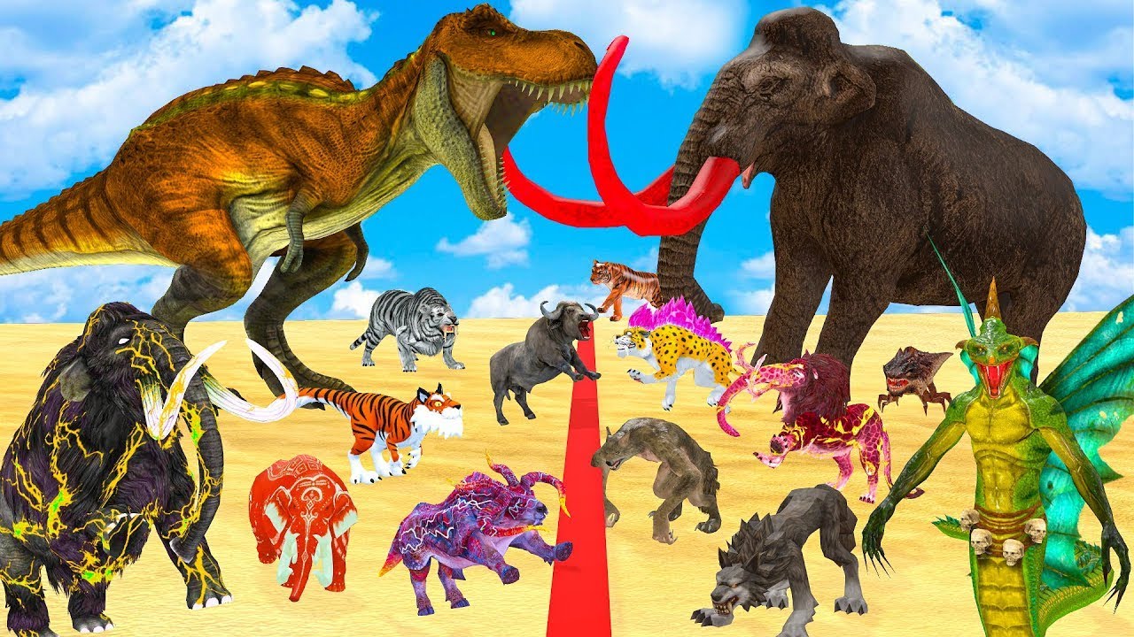 The Ultimate Battle 40 Wild Animals Mammals vs GIGA T-REX Dinosau Epic Run Zigzag Down Course