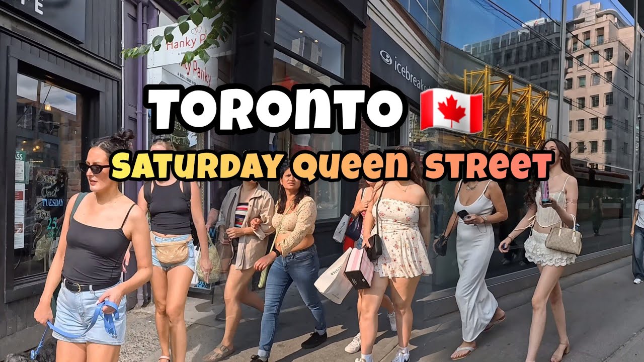 Toronto Saturday Queen Street Downtown walking Tour Canada 4K