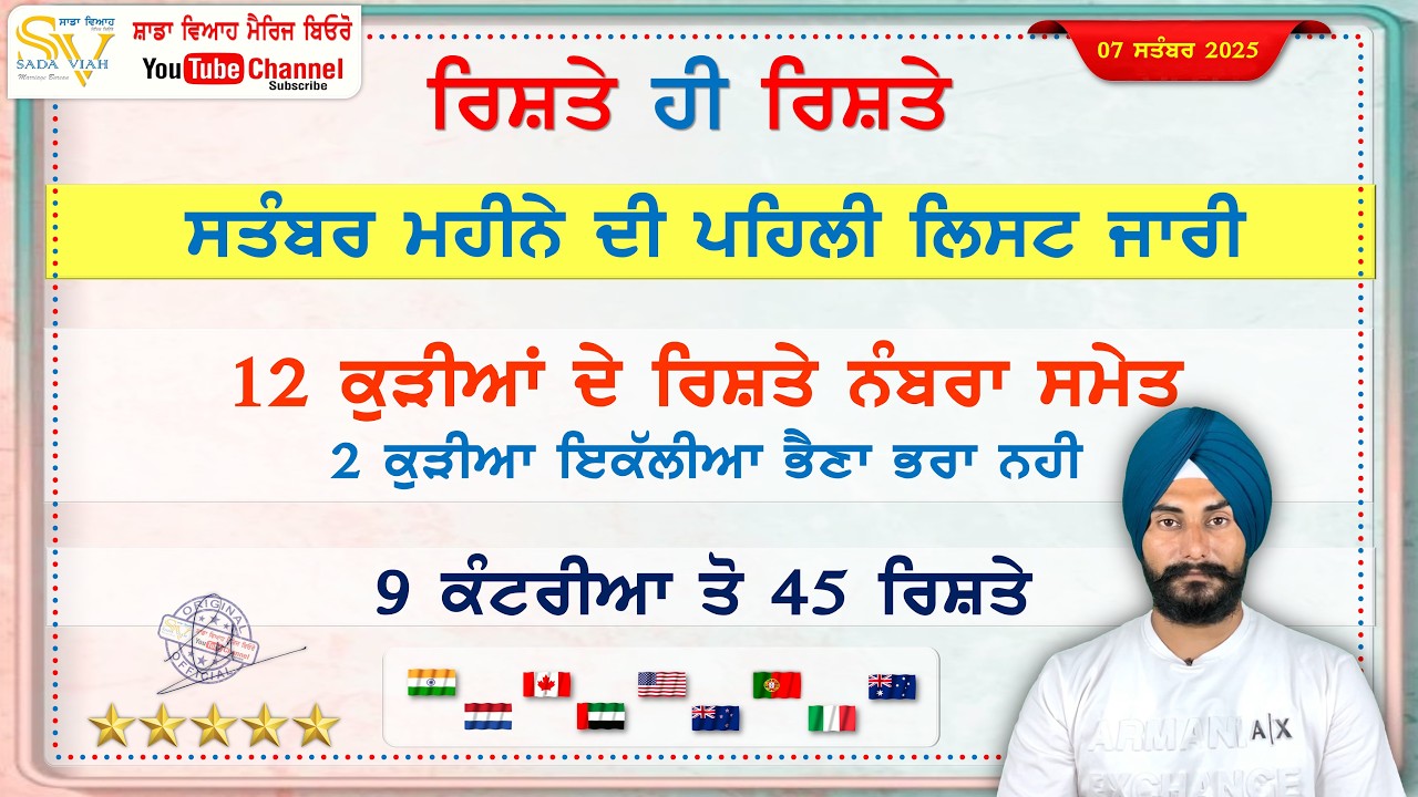 12 ਕੁੜੀਆ ਸਮੇਤ 9 ਕੰਟਰੀਆ ਤੋ 45 ਰਿਸ਼ਤੇ | Sada viah September new rishte | Sada viah Sunday rishte
