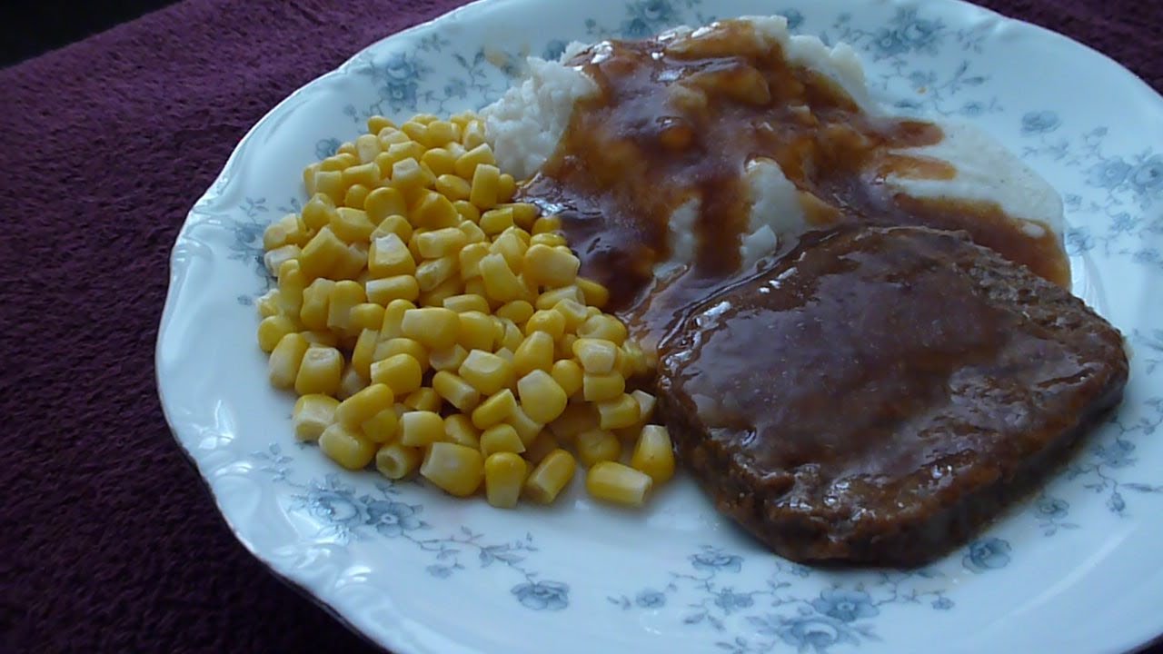 ASMR: Eating Salisbury Steak, Mash Potatoes with gravy and butter corn