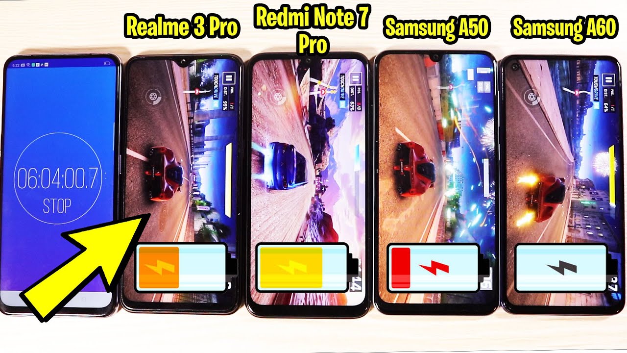 Realme 3 Pro vs Redmi Note 7 Pro vs Samsung Galaxy A50 vs Samsung Galaxy A60 Battery Test