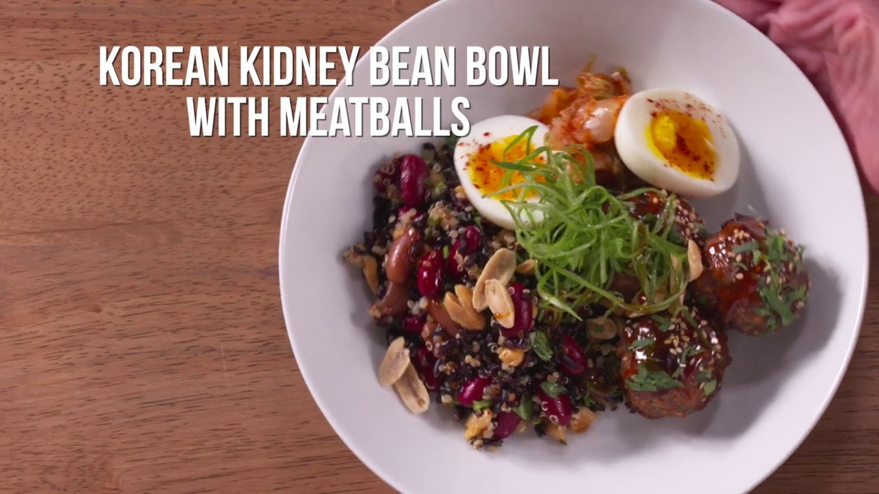 Korean Kidney Bean and Multi-Grain Bowl, with Gochujang Meatballs and a Poached Egg