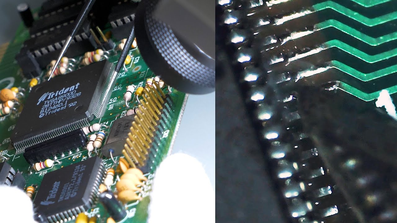 Repair of 30 year old Trident TVGA 8900D graphics card. Re-soldering QFP SMD chip.