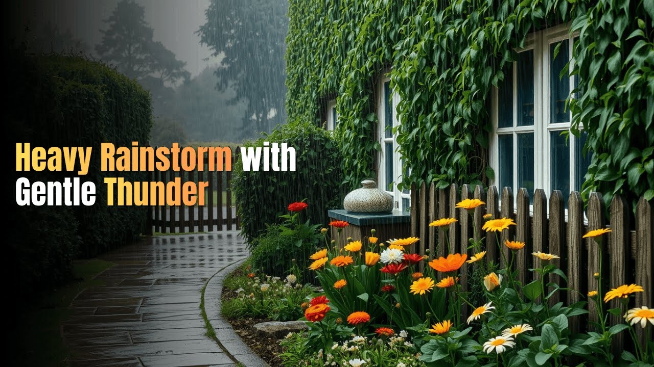 Heavy Rainstorm with Gentle Thunder | Cozy Cottage Garden Relaxation Ambience