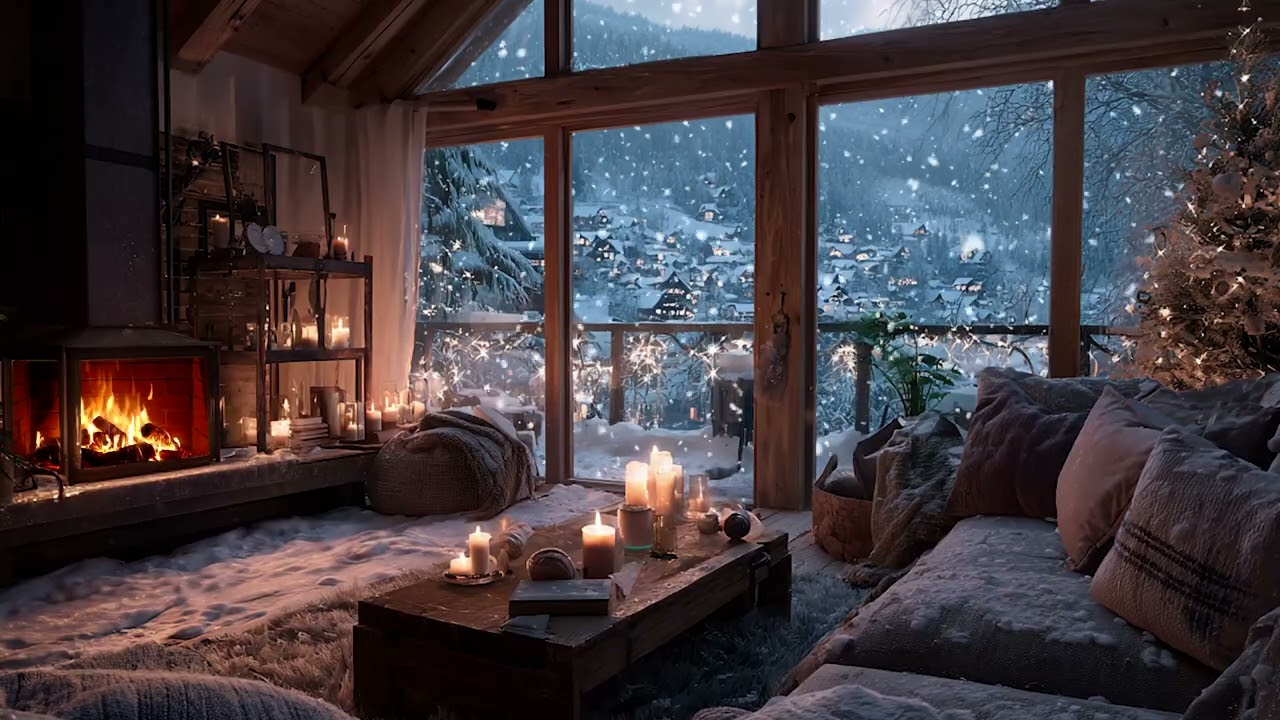 Snowy Cabin Night Piano Ambience | Warm Fireplace Glow and Gentle Snowfall