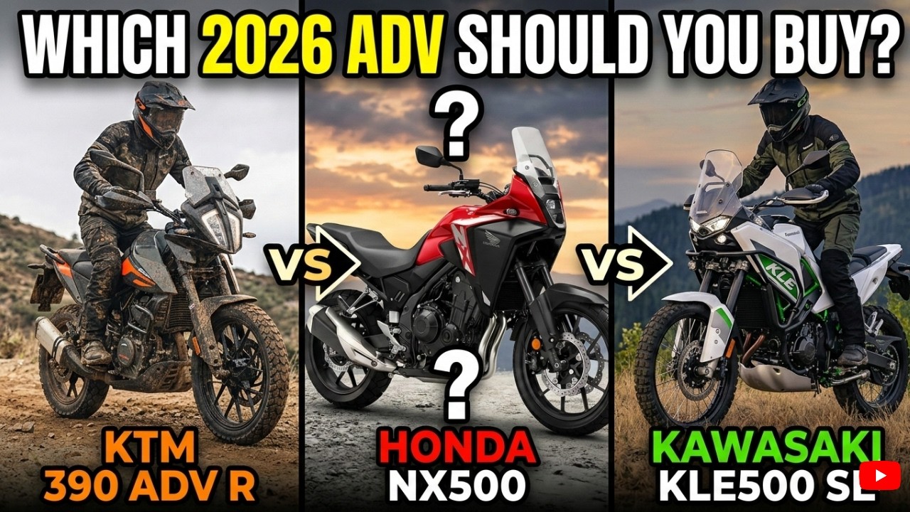 Сравнение KTM 390 Adventure R 2026 года, Honda NX500 и Kawasaki KLE500 SE 2026 года.