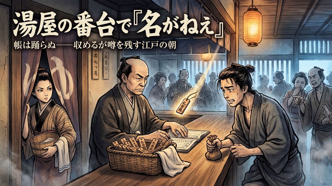 湯屋の番台で「名がねえ」と言われた朝――札籠の数は嘘をつけず、小僧の口が裏を割って真実は立つのに、店の顔を守る「収める」が盗人の噂だけ残し、辰吉とお春の居場所を静かに削る江戸の裁き、帳は踊らぬ