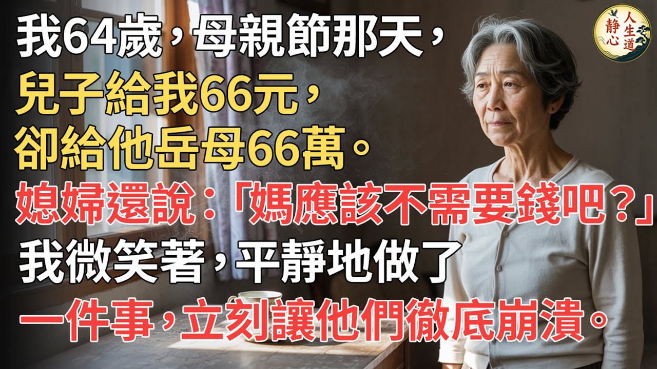 【我64歲】母親節那天，兒子給我66元，卻給他岳母66萬。媳婦還說：「媽應該不需要錢吧？」我微笑著，平靜地做了一件事，立刻讓他們徹底崩潰。