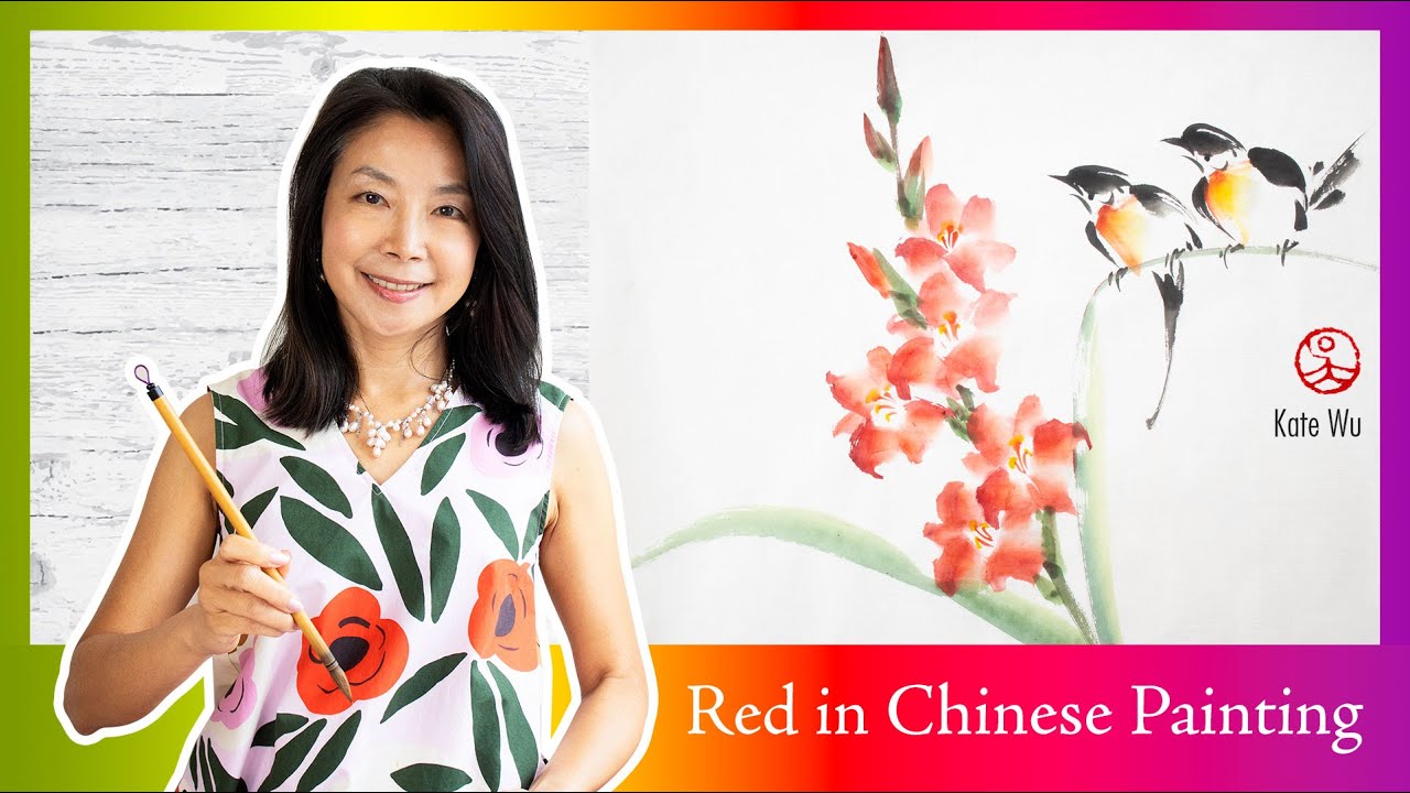 The use of red color in Chinese painting | red Gladiolus and birds